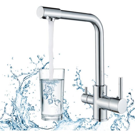 3 Wege Küchenarmaturen  mit abnehmbarer Handbrause Messing Trinkwassermischer mit Wasserfilter 360 ° drehbarem Mund,Pull-Down-Spray,Chrom