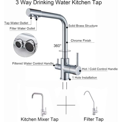 3 Wege Küchenarmaturen  mit abnehmbarer Handbrause Messing Trinkwassermischer mit Wasserfilter 360 ° drehbarem Mund,Pull-Down-Spray,Chrom