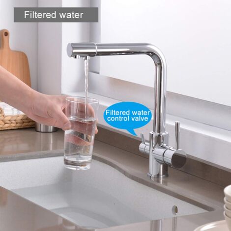 3 Wege Küchenarmaturen  mit abnehmbarer Handbrause Messing Trinkwassermischer mit Wasserfilter 360 ° drehbarem Mund,Pull-Down-Spray,Chrom