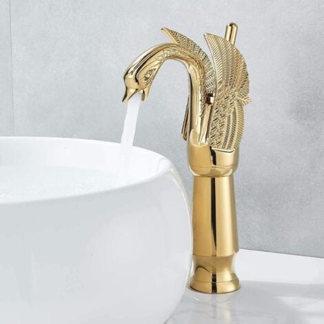 Wasserhahn Bad Gold, Waschtischarmatur Hoch Aufsatzwaschbecken 360° Schwenkbar, Armatur Badezimmer mit Auslauf, Mischbatterie Edelstahl Gebürstet für Waschbecken Gäste WC