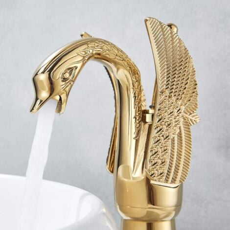 Wasserhahn Bad Gold, Waschtischarmatur Hoch Aufsatzwaschbecken 360° Schwenkbar, Armatur Badezimmer mit Auslauf, Mischbatterie Edelstahl Gebürstet für Waschbecken Gäste WC
