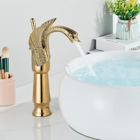 Wasserhahn Bad Gold, Waschtischarmatur Hoch Aufsatzwaschbecken 360° Schwenkbar, Armatur Badezimmer mit Auslauf, Mischbatterie Edelstahl Gebürstet für Waschbecken Gäste WC