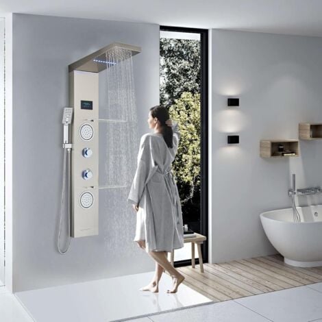 Edelstahl Duschpaneel LED Duschkopf Niederschlag und Wasserfall LCD Temperatur-Schirm mit Handsprüher Körper Massage Jets Schwarz an der Wand Montiert