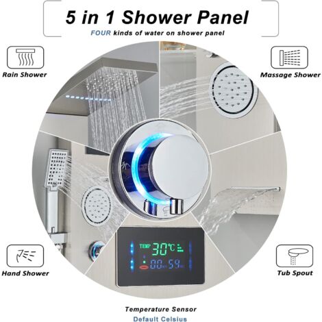 Edelstahl Duschpaneel LED Duschkopf Niederschlag und Wasserfall LCD Temperatur-Schirm mit Handsprüher Körper Massage Jets Schwarz an der Wand Montiert