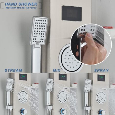 Edelstahl Duschpaneel LED Duschkopf Niederschlag und Wasserfall LCD Temperatur-Schirm mit Handsprüher Körper Massage Jets Schwarz an der Wand Montiert