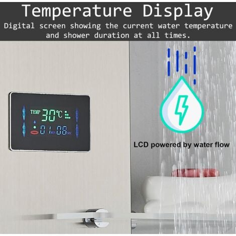 Edelstahl Duschpaneel LED Duschkopf Niederschlag und Wasserfall LCD Temperatur-Schirm mit Handsprüher Körper Massage Jets Schwarz an der Wand Montiert