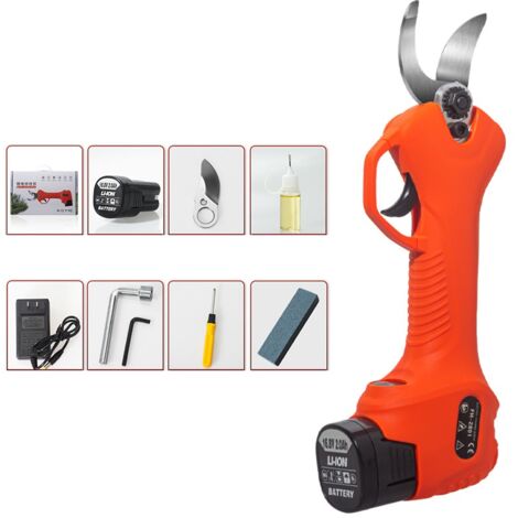 Battery Powered Pruning Shears Electric Pruner Cordless Electric Branch Scissors with Brushless Motor Pack of 1 Rechargeable 2Ah Lithium Battery Cutting Diameter 25mm Orange