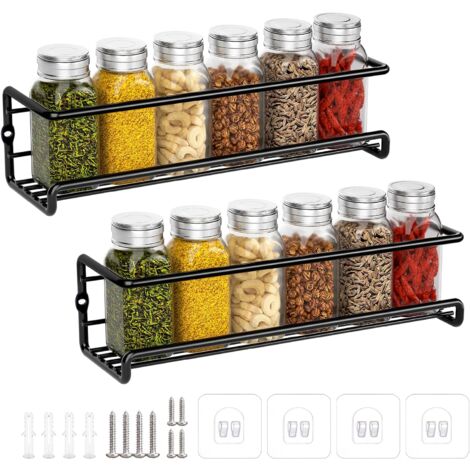 Kitchen Spice Rack No Drilling Metal Spice Rack Wall Mounted Kitchen Spice Rack Spice Holder for Spice Jars Kitchen Pantry Cupboard Accessory 29x6x6cm Black 2 Pieces