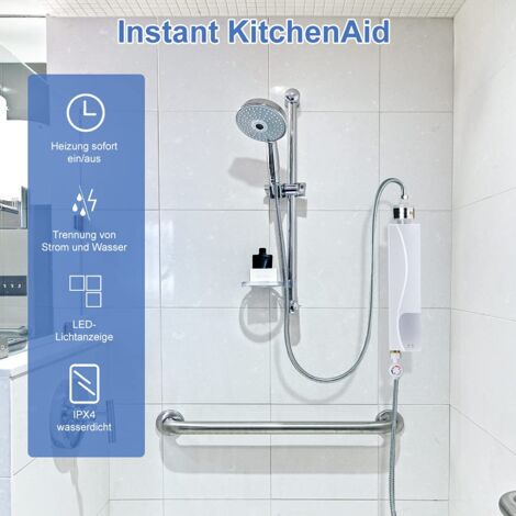 Mini calentador de agua eléctrico sin tanque, calentador de agua eléctrico instantáneo de 220 V sin válvula de alivio de presión calentador de agua con luz LED para cocina baño 3000 W