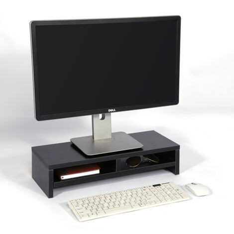 TEAMIX Supporto Per Monitor 20 Pollici In Legno MDF Nero - Rialzo Per PC, TV, Laptop, Con Ripiano Per Tastiera - 3