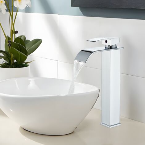 Wasserfall Wasserhahn Bad, Hoch-Waschtischarmatur für Badzimmer, Waschtisch-Einhebelmischer für Aufsatzwaschbecken, Kaltes und Heißes Wasser Vorhanden Chrom