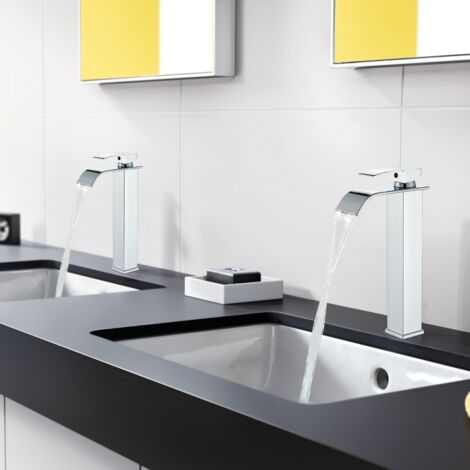 Wasserfall Wasserhahn Bad, Hoch-Waschtischarmatur für Badzimmer, Waschtisch-Einhebelmischer für Aufsatzwaschbecken, Kaltes und Heißes Wasser Vorhanden Chrom
