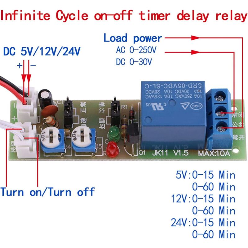 Timer di Ritardo Relè Modulo Regolabile Ciclo Timer Tempo di On/Off Interruttore del Relè Elettrico di Bordo di Temporizzazione Relè di Controllo DC 5V 12V 24V
