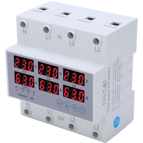 Jeffergarden Voltmetro Amperometro trifase su guida DIN Protezione automatica da sovracorrente CA 390‑500 V 63 A
