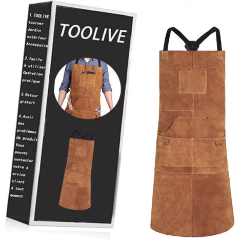 Schweißerschürze aus Leder,Hitzebeständige & Flammhemmende Schwere Arbeitsschürze mit 6 Taschen, 42" Extra Groß & Langer Riemen, Grill schürze Schwarz