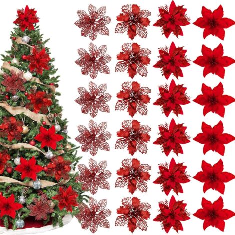 24 Stck rote glitzernde Weihnachtssterne mit Clips, Kunstblumen fr Kranz,  Weihnachtsbaum & Hochzeitsdeko