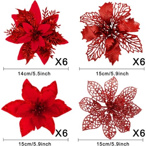 24 Stck rote glitzernde Weihnachtssterne mit Clips, Kunstblumen fr Kranz,  Weihnachtsbaum & Hochzeitsdeko