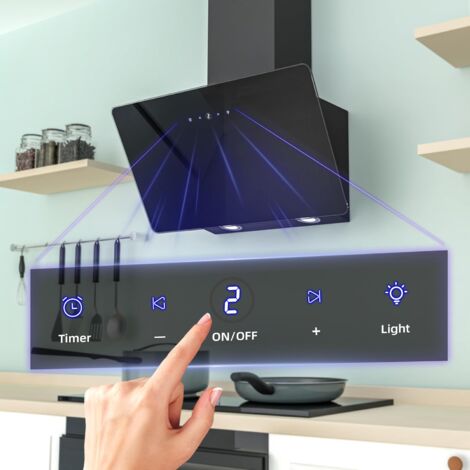 FIREGAS Campana extractora 60cm, Motor sin escobillas, Digital touch, 3 velocidades, LED, Recirculante y Extracción, Incluye filtro de carbón, Campana Inclinada Cristal Negra [Clase de eficiencia ener