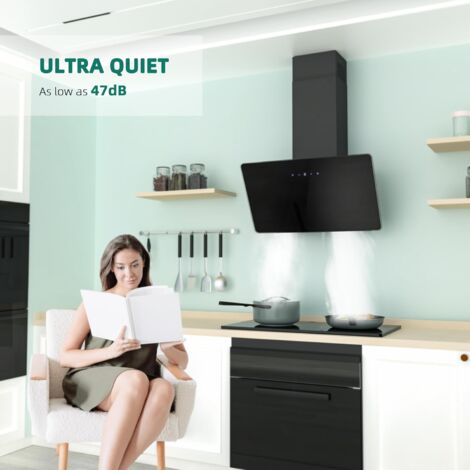 FIREGAS Campana extractora 60cm, Motor sin escobillas, Digital touch, 3 velocidades, LED, Recirculante y Extracción, Incluye filtro de carbón, Campana Inclinada Cristal Negra [Clase de eficiencia ener