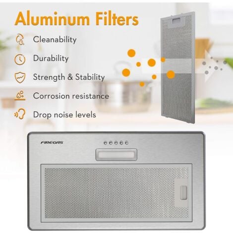 FIREGAS Campana extractora empotrada 52 cm, 3 niveles de potencia, acero inoxidable, extractora de recirculación, incluye filtro de carbón activo