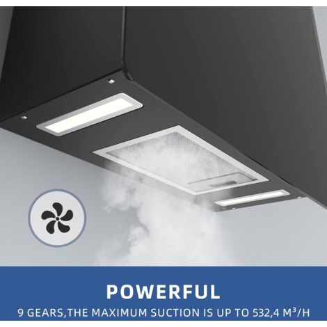 FIREGAS Campana Extractora de Pared con LED 60 cm, 532,4 m³/h, 9 Velocidades, Filtros de Carbón CC170, Ahorro Energético, Con Conducto, Negra [Clase de eficiencia energética A+]