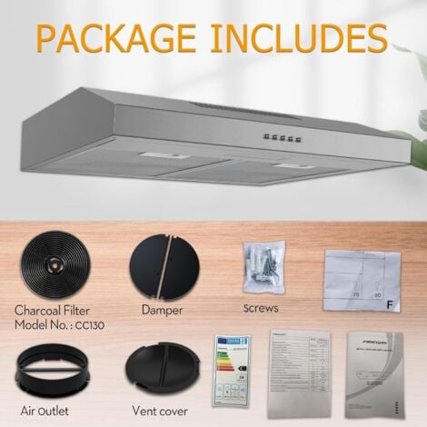 FIREGAS Campana extractora inferior de 60 cm, 3 niveles, campana de escape/recirculación, iluminación LED, incluye filtro de carbón activado, plata