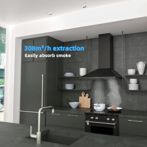 FIREGAS Campana extractora de 60 cm,3 niveles de potencia, montaje en pared, iluminación LED, recirculación de aire, campana extractora negra,Con Filtro de Carbón