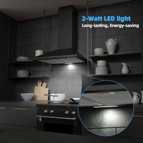 FIREGAS Campana extractora de 60 cm,3 niveles de potencia, montaje en pared, iluminación LED, recirculación de aire, campana extractora negra,Con Filtro de Carbón