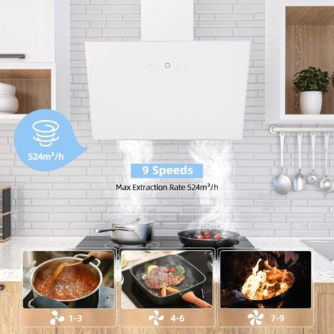 FIREGAS Campana extractora 60cm, 578 m³/h, Motor sin escobillas, Digital touch, 9 velocidades, LED, Recirculante y Extracción, Incluye filtro de carbón, Campana Inclinada Cristal, Blanco