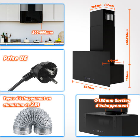 FIREGAS Campana Extractora 60 cm， Ahorro de Energía Motores sin Escobillas,Cristal Templado Negro,Succión 350m³/h,Táctil,3 Niveles de Potencia, Luz y Filtro de Carbono [Clase de eficiencia energética 