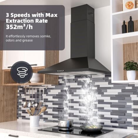 FIREGAS Cappa da parete, cappa aspirante da 60 cm con motore DC senza spazzole, possibile aria e scarico, 3 livelli di ventilazione, illuminazione a LED, 2 filtri grasso, nero [Classe di efficienza en