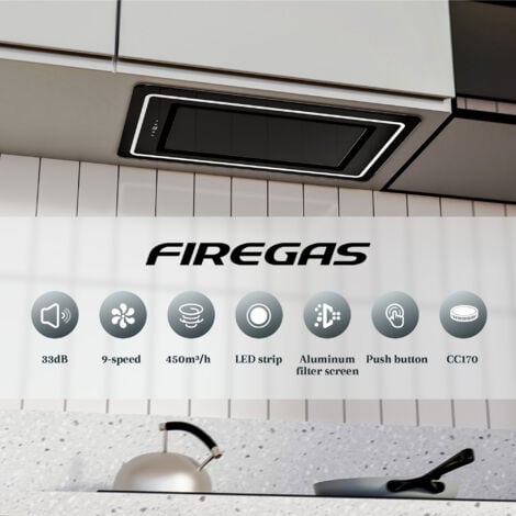 Aspiratore da incasso FIREGAS 52 cm-Aspirazione di 450m³/h-Efficiente e silenzioso-9 velocità-Nero [Classe energetica A++].