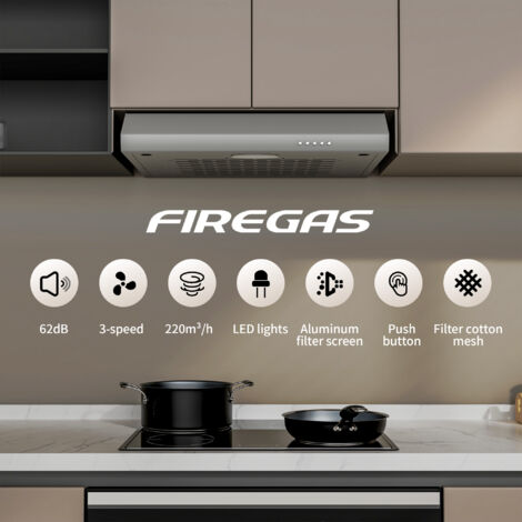 Cappa aspirante Cappuccio Visiera 60cm FIREGAS -3 Velocità - Evacuazione e Riciclaggio - Classe B - Filtro in cotone - Grigio