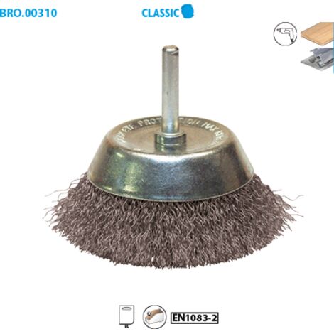 Brosse conique sur tige fil acier ondulé décapage dur bois/métal - D. 75 mm - Q. 6 mm - fil 0.30 - LEMAN - 310.075V (1/3)
