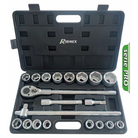 Ribimex – Coffret multi-outils 21 pièces douilles 6 pans – Clé à cliquet 3/4' – Rallonges 4' et 8' – Pour mécanique poids lourds – PRKOUT21PL