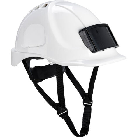 Portwest – Casque porte badge jugulaire 4 points blanc – Norme EPI – Coque en polycarbonate ignifuge – Ouverture coulissante pour badges