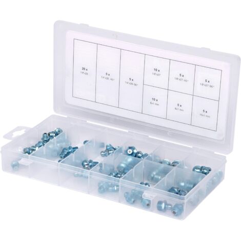 Kstools – Assortiment de graisseurs métriques et pouces 70 pcs – Compatible filetages 1/8'' et 1/4'' – Cassette plastique pour rangement pratique