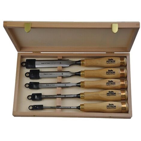 Coffret de 5 ciseaux à bois de sculpteur – Lames en acier chrome vanadium – Manche en bois de charme – Tranchant affûté – Emile Peyron