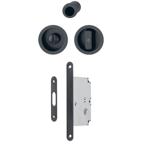 Hoppe – Garniture de porte coulissante condamnation noir mat 38-48 mm – Aluminium – 2 poignées cuvettes rondes – Système de verrouillage inclus (1/5)