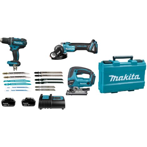 Makita – Pack de 3 outils électroportatifs 18V – Perceuse visseuse, scie sauteuse, meuleuse – 2 batteries 3Ah, chargeur, coffret – LOT0337 (1/3)