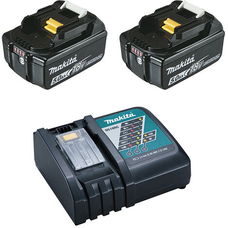 Makita – Pack de 2 batteries 18V 5Ah BL1850B avec chargeur DC18RC – Technologie Li-Ion – SKU 1975709 (1/3)