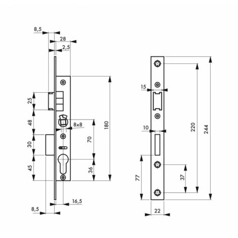 Thirard – Serrure à cylindre profilé réversible L21/A16.5 – Têtière inox 15mm – Pêne acier nickelé – Entraxe 70mm – Pour portes en bois dur