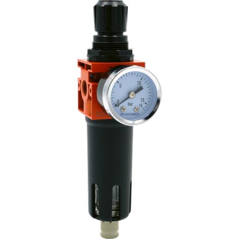 Lacme – Filtre régulateur 1/4'' 12 bars 42 m/h – Capacité de filtration 20 µ – Purge manuelle et semi-automatique – Manomètre inclus (1/2)