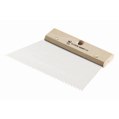 L'Outil Parfait – Couteau à enduire 20 cm en acier trempé verni – Poignée en bois hêtre PEFC – Denture carrée fine pour pose de revêtements techniques (1/2)