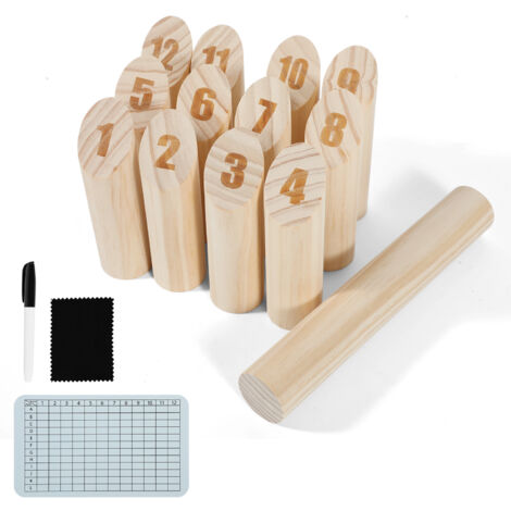 Gioco Del Kubb WELLGRO 22 Pezzi In Legno Massiccio – Re Con Corona Rossa, Sacchetto Incluso, Gioco All'aperto Per Famiglie