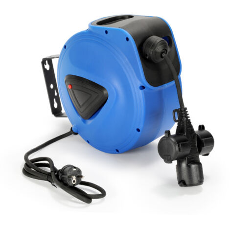 Bakaji Avvolgicavo Elettrico con Cavo 10 mt Presa Shucko Fissaggio a Parete Muro Sistema blocco automatico, Salvaspazio Avvolgitubo Prolunga Elettrica Professionale e Fai da Te