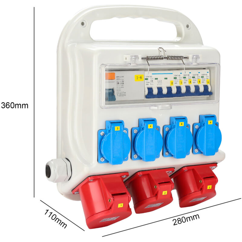 Herrselsam Construction Current Splitter, 1 X 32 A, 2 X 16 A, 4 X 230 V With LS FI With Circuit Breaker And RCCB, 5 Pin Wall Distributor With 4 Protective Contact Sockets And CEE 16/32