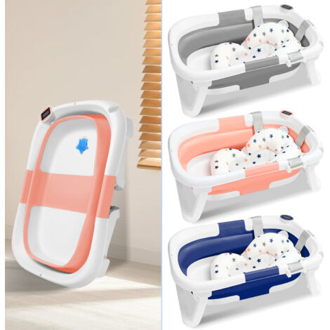 LinaSmile Baignoire Pliable Pour Bébé Avec Thermomètre Et Coussin - Rose, Antidérapante, De 0 à 2 Ans