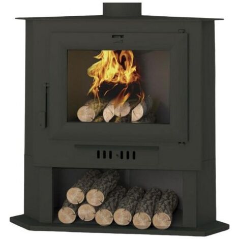 Fm Calefaccion – Poêle à bois d'angle en acier noir – Double combustion – Puissance 15,1 kW – Bûches jusqu'à 55 cm – Sortie fumées 150 mm