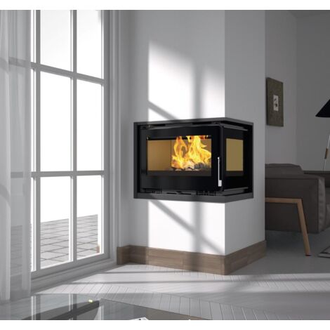 Insert à bois d'angle ventilé 12.6 kW – Foyer en vermiculite – 2 sorties canalisables – Pour bûches jusqu'à 50 cm – Fm Biomasa